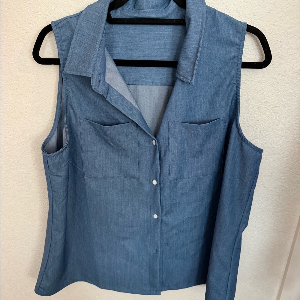 Lulu's Blue Button-Down Sleeveless Shirt